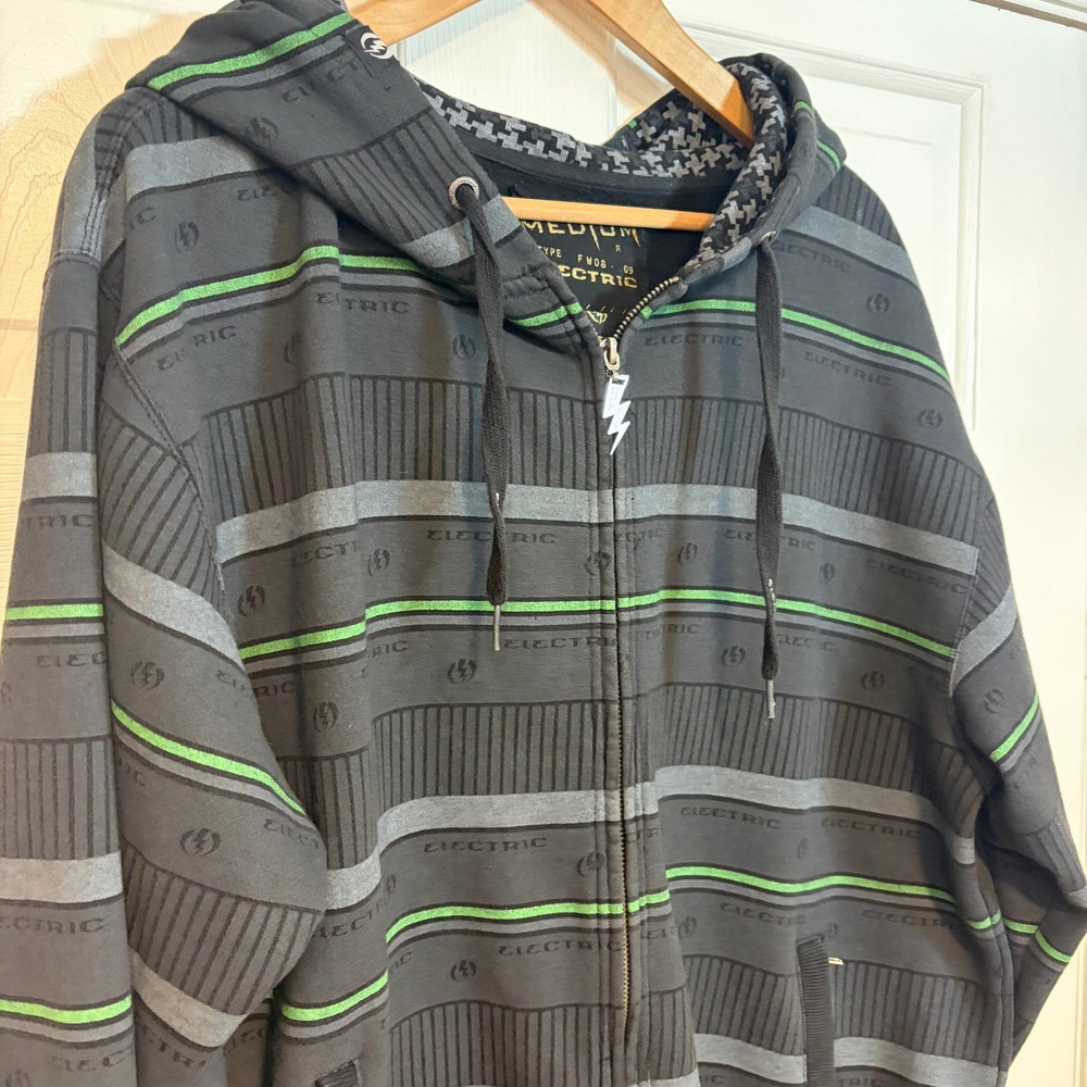 Electric Visual Y2K Mens M Striped Zip Hoodie Grey Green Lightening Bolt Skater